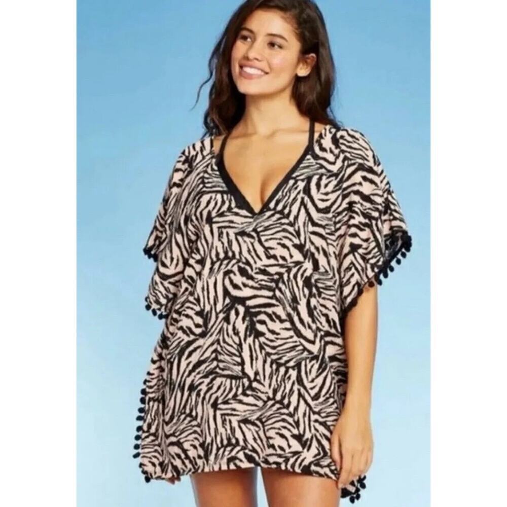 Xhilaration Zebra Animal Print Pompom Boho Beach Swimsuit Cover-up Size Medium